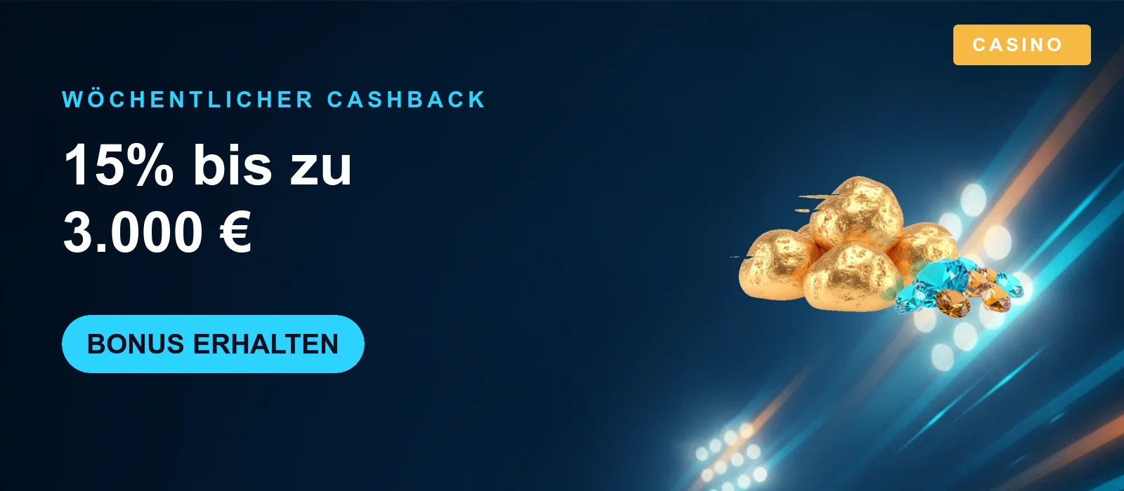 PowerUp Casino Wöchentlicher Cashback Banner – 15 Prozent bis 3.000 Euro