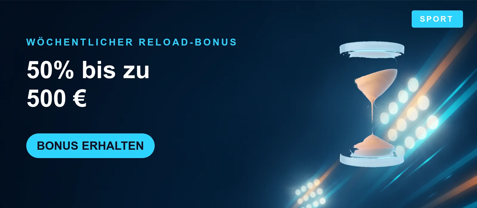 PowerUp Casino Sportwetten Wöchentlicher Reload-Bonus Banner – 50 Prozent bis 500 Euro